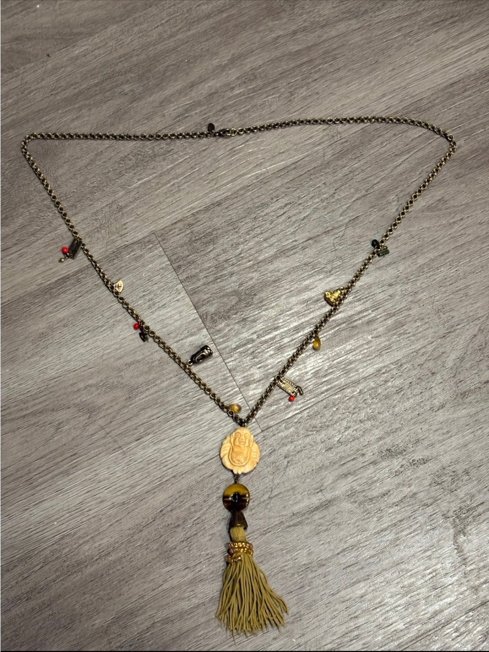 Chicos Boho Tassel Necklace Bronze Tone Long Pendant Statement Necklace